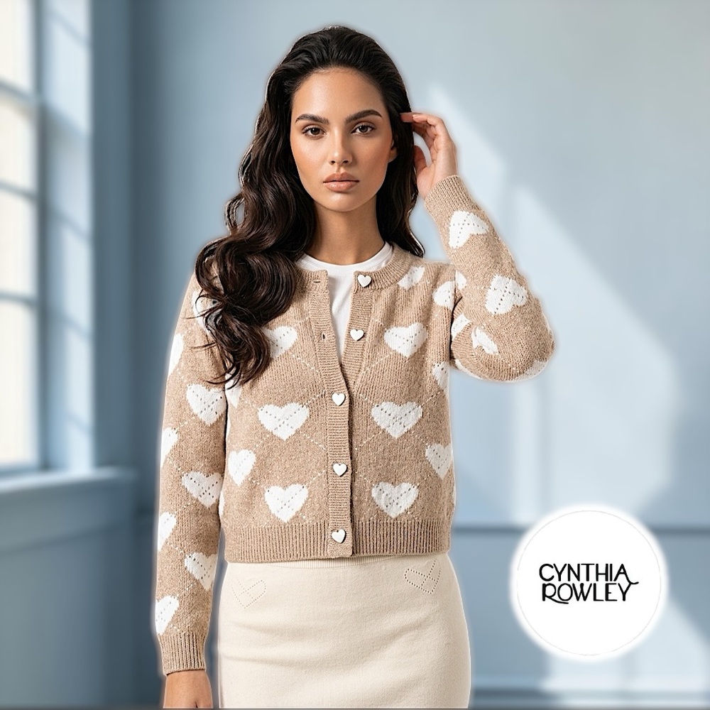 Cynthia Rowley Women’s Light Brown Heart Argyle Patterned Knit Cardigan Sz L